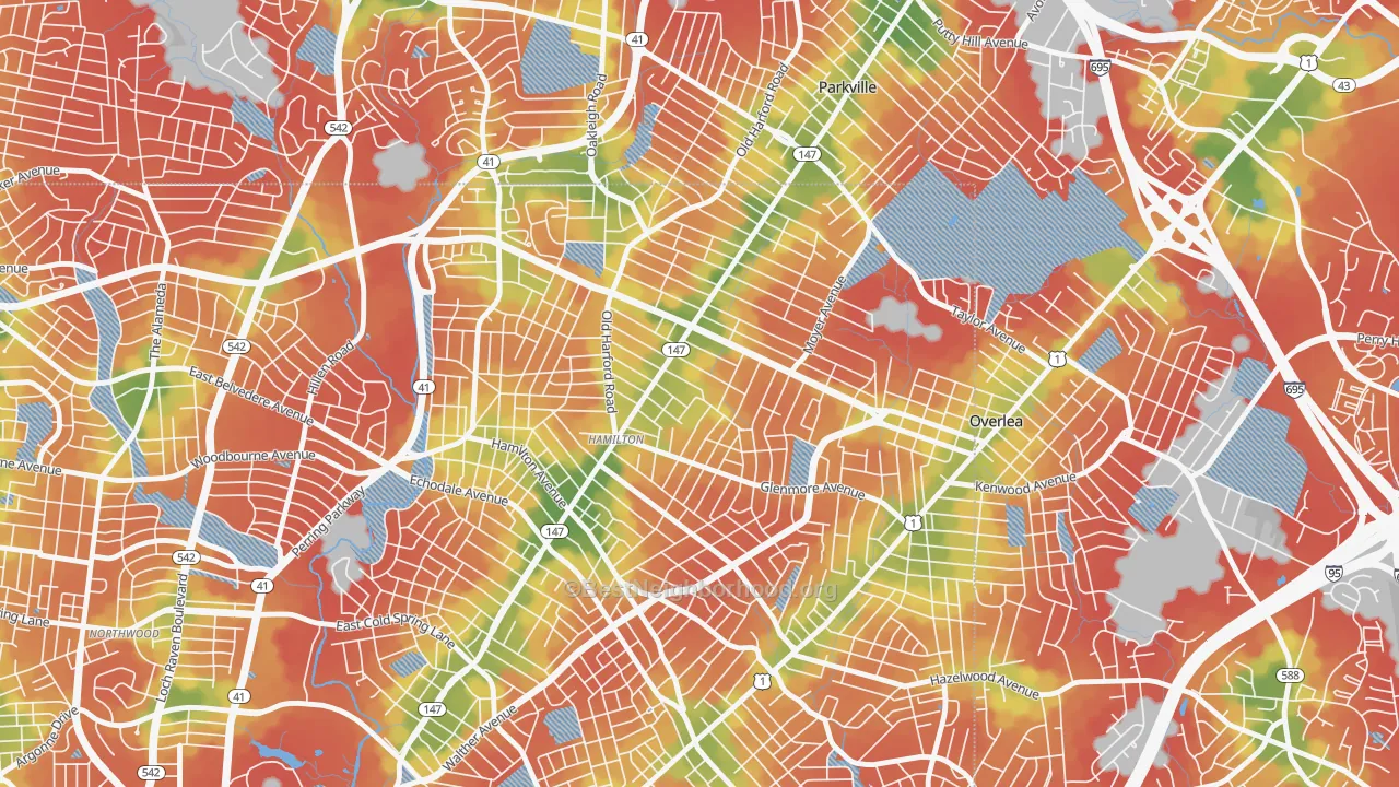 Walk Grade map of Westfield, Baltimore, MD, walkable areas in green and car-dependent areas in red