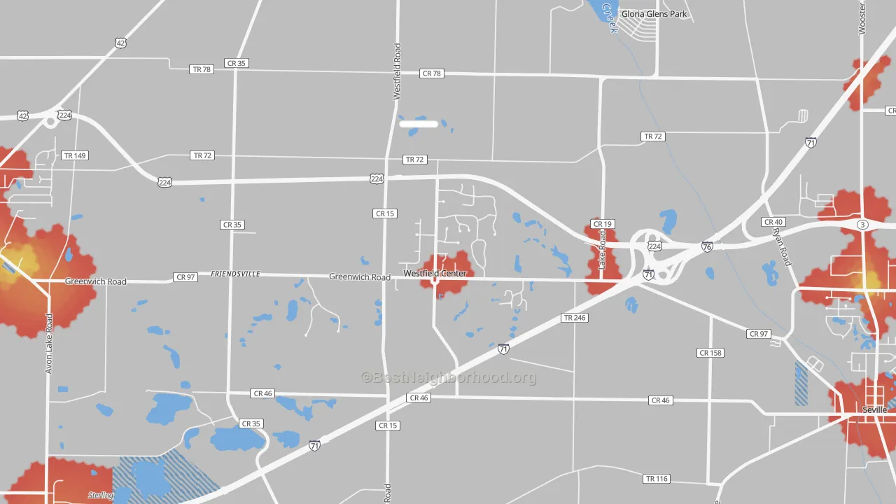 Walk Grade map of Westfield Center, OH, walkable areas in green and car-dependent areas in red