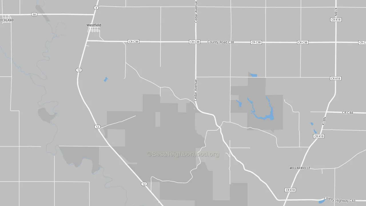 Walk Grade map of Westfield, IA, walkable areas in green and car-dependent areas in red