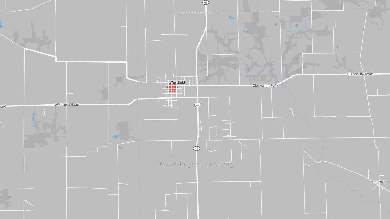 Walk Grade map of Westfield, IL, walkable areas in green and car-dependent areas in red