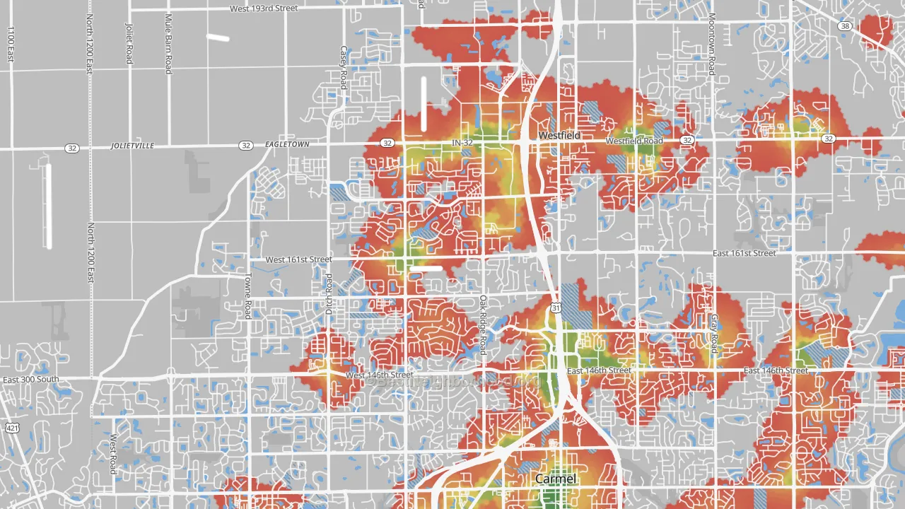 Walk Grade map of Westfield, IN, walkable areas in green and car-dependent areas in red