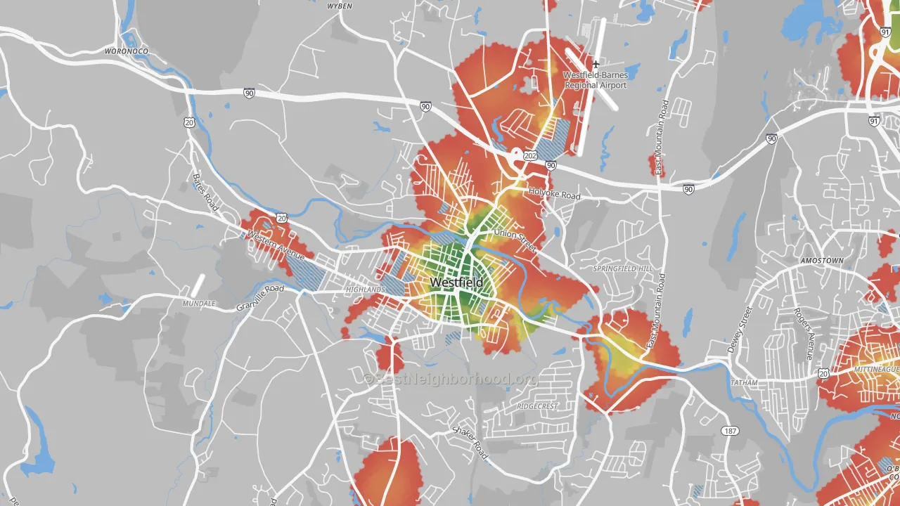 Walk Grade map of Westfield, MA, walkable areas in green and car-dependent areas in red