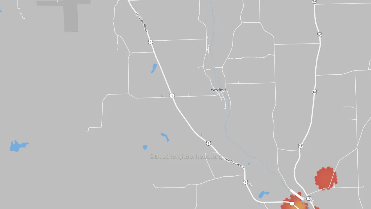 Walk Grade map of Westfield, ME, walkable areas in green and car-dependent areas in red
