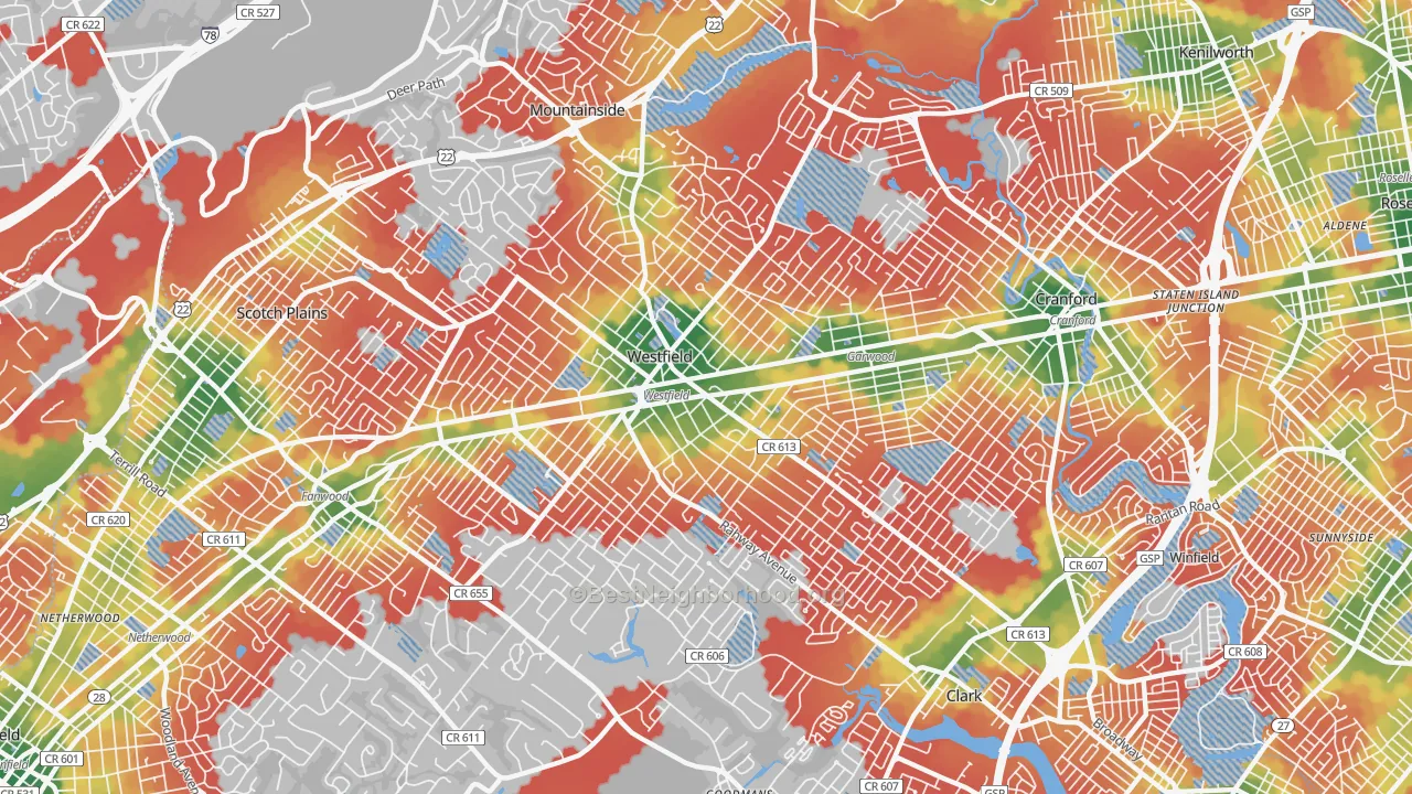 Walk Grade map of Westfield, NJ, walkable areas in green and car-dependent areas in red