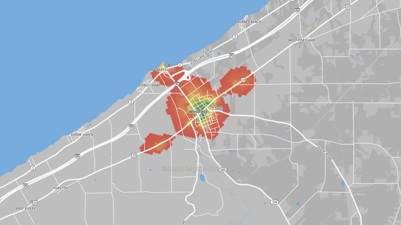 Walk Grade map of Westfield, NY, walkable areas in green and car-dependent areas in red