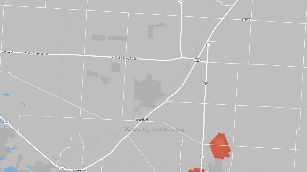 Walk Grade map of Westfield, OH, walkable areas in green and car-dependent areas in red
