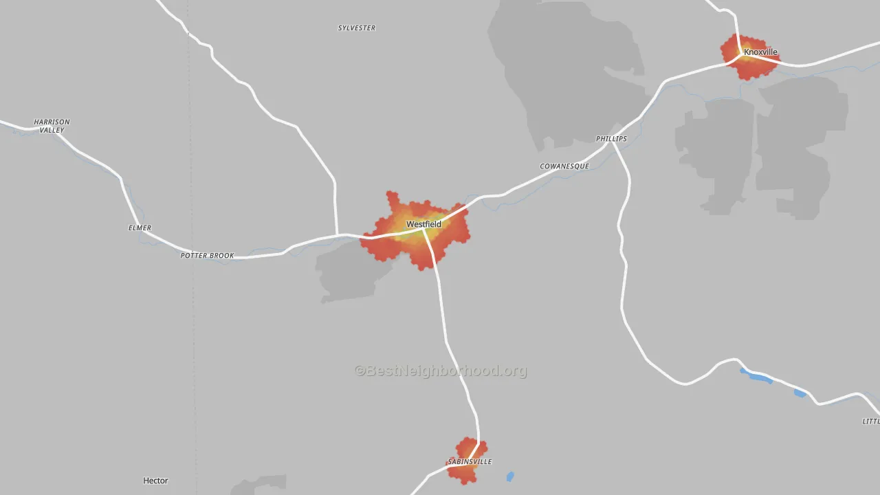 Walk Grade map of Westfield, PA, walkable areas in green and car-dependent areas in red