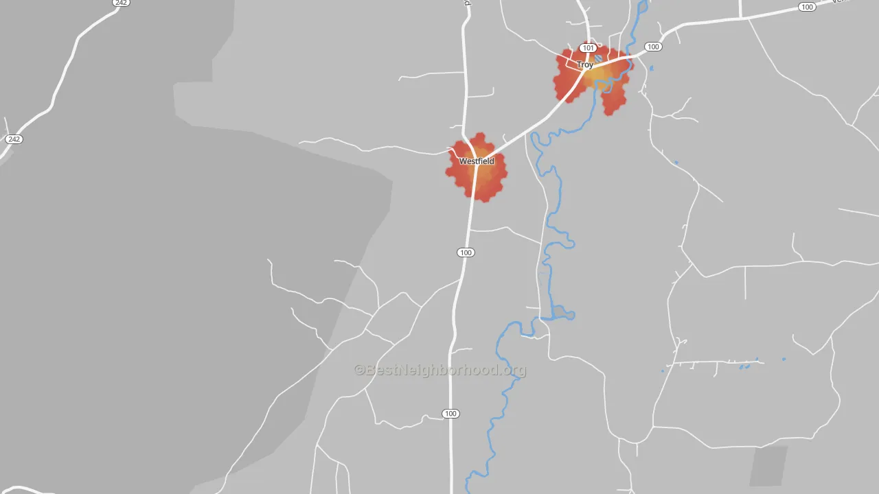 Walk Grade map of Westfield, VT, walkable areas in green and car-dependent areas in red
