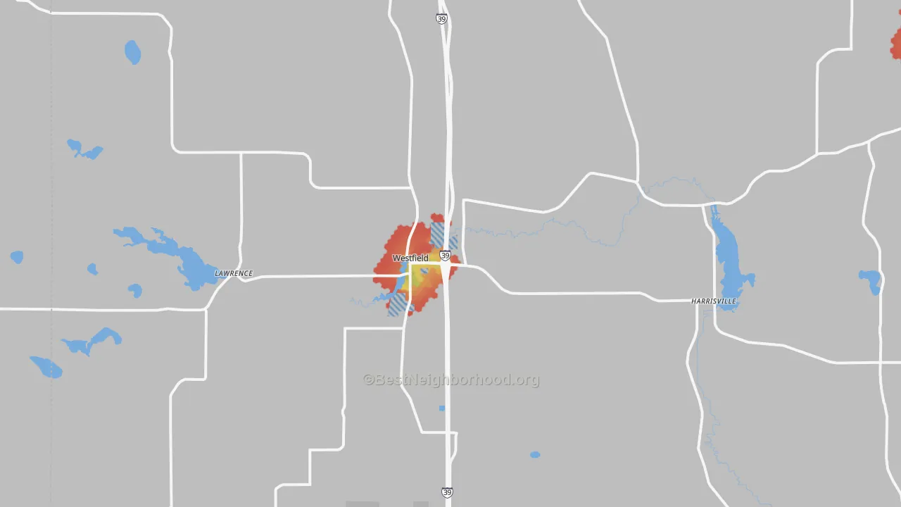 Walk Grade map of Westfield, WI, walkable areas in green and car-dependent areas in red