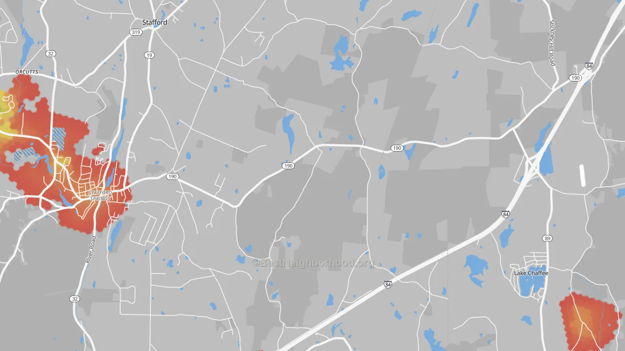 Walk Grade map of Westford, CT, walkable areas in green and car-dependent areas in red