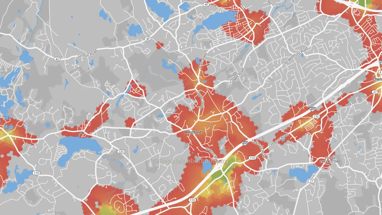 Walk Grade map of Westford, MA, walkable areas in green and car-dependent areas in red