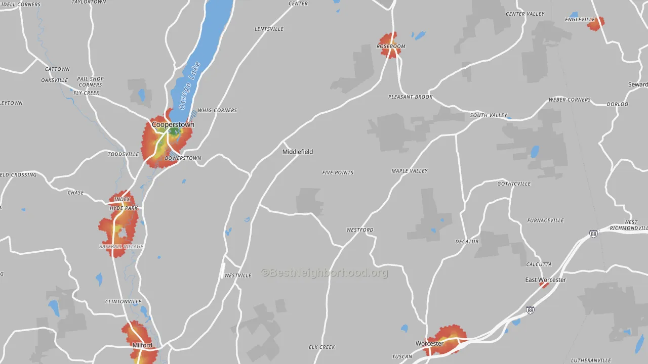 Walk Grade map of Westford, NY, walkable areas in green and car-dependent areas in red