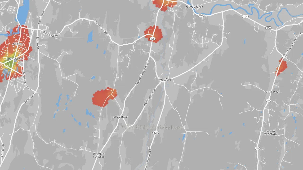Walk Grade map of Westford, VT, walkable areas in green and car-dependent areas in red