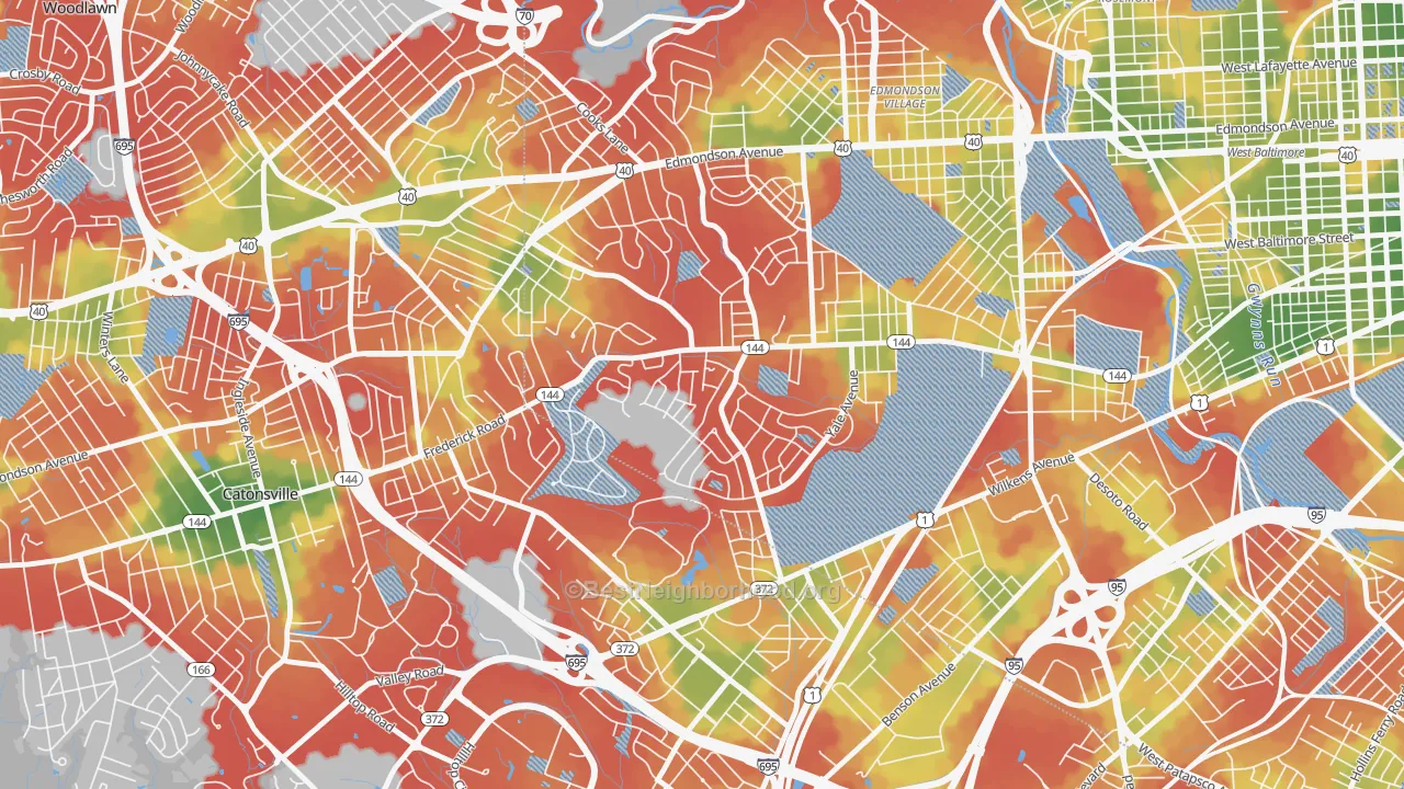 Walk Grade map of Westgate, Baltimore, MD, walkable areas in green and car-dependent areas in red