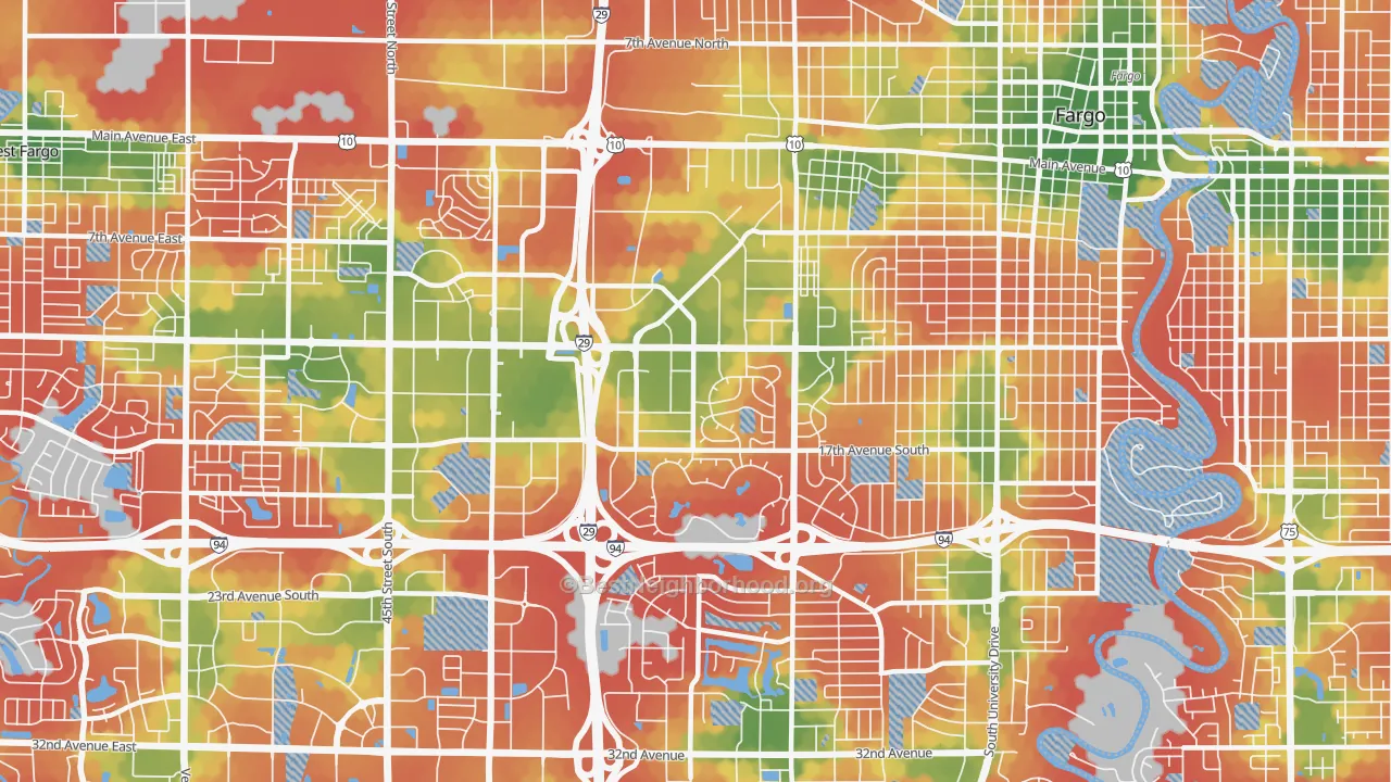 Walk Grade map of Westgate, Fargo, ND, walkable areas in green and car-dependent areas in red