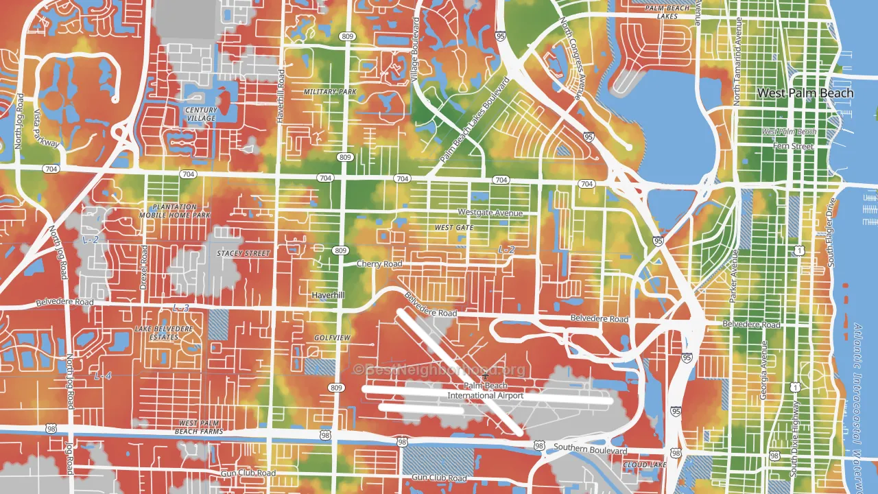 Walk Grade map of Westgate, FL, walkable areas in green and car-dependent areas in red