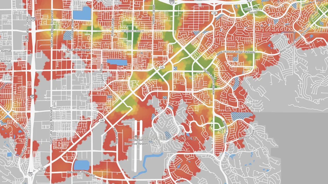 Walk Grade map of Westgate, Henderson, NV, walkable areas in green and car-dependent areas in red