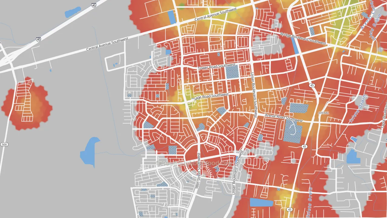 Walk Grade map of Westgate Hts, Albuquerque, NM, walkable areas in green and car-dependent areas in red
