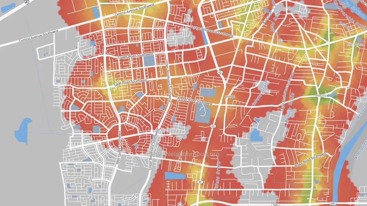 Walk Grade map of Westgate Vecinos, Albuquerque, NM, walkable areas in green and car-dependent areas in red