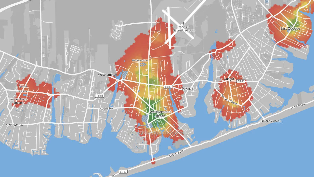 Walk Grade map of Westhampton Beach, NY, walkable areas in green and car-dependent areas in red