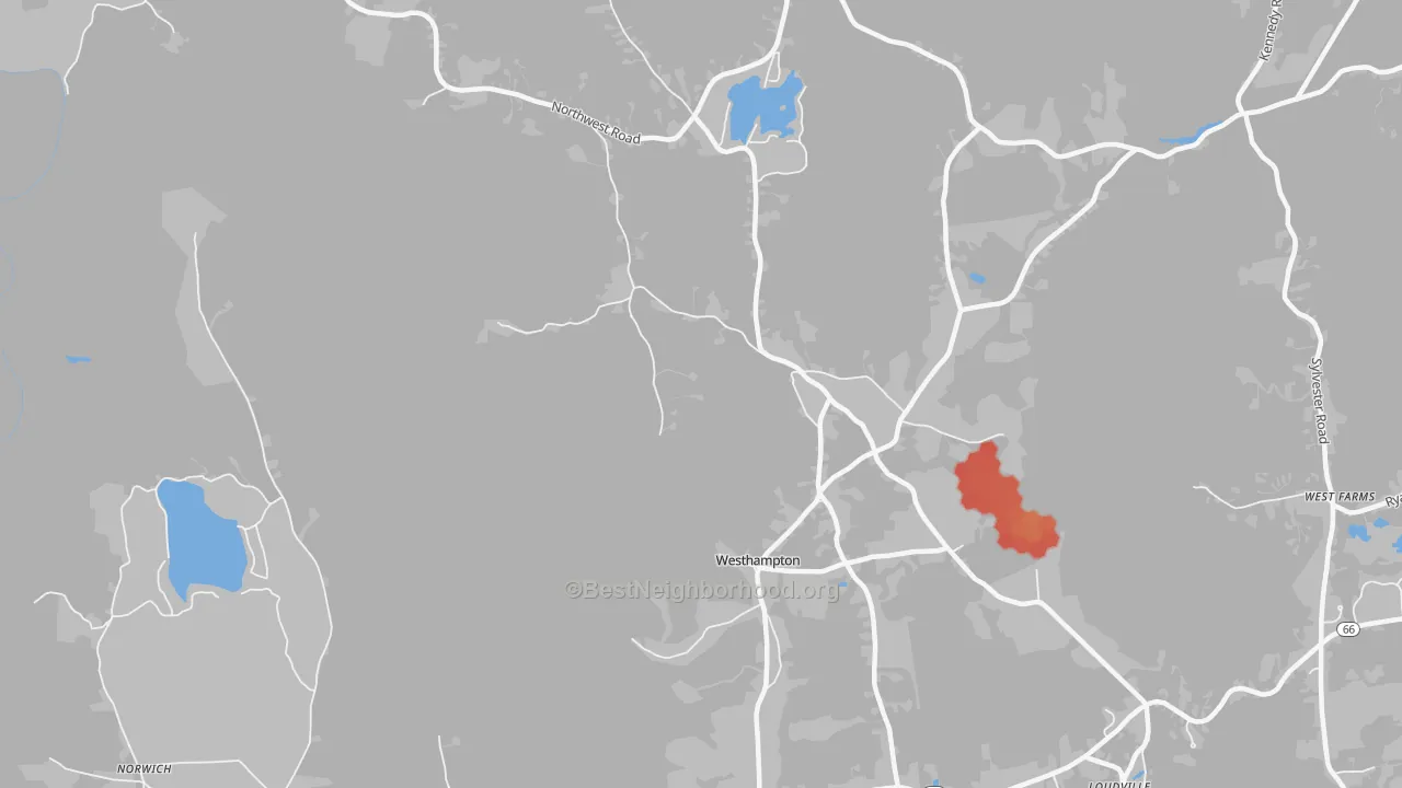 Walk Grade map of Westhampton, MA, walkable areas in green and car-dependent areas in red