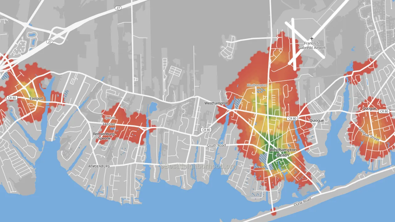 Walk Grade map of Westhampton, NY, walkable areas in green and car-dependent areas in red