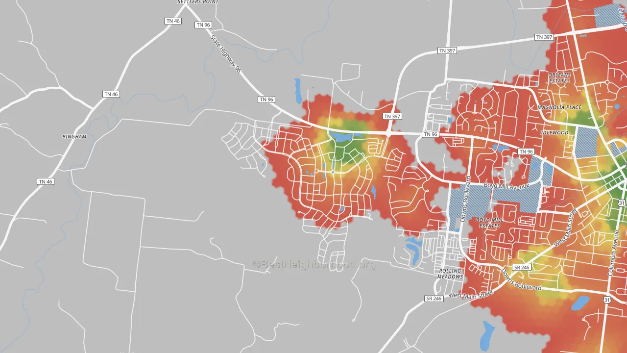 Walk Grade map of Westhaven, Franklin, TN, walkable areas in green and car-dependent areas in red