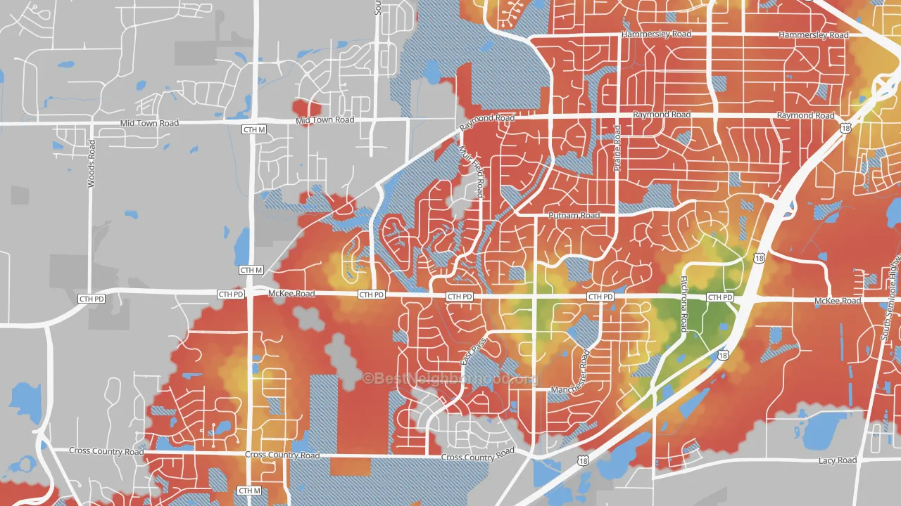Walk Grade map of Westhaven Trails, Madison, WI, walkable areas in green and car-dependent areas in red