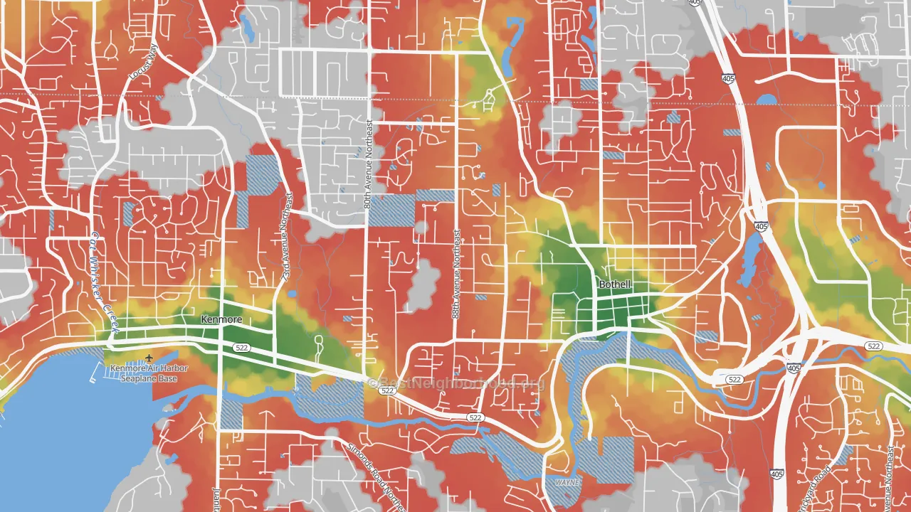 Walk Grade map of Westhill, Bothell, WA, walkable areas in green and car-dependent areas in red