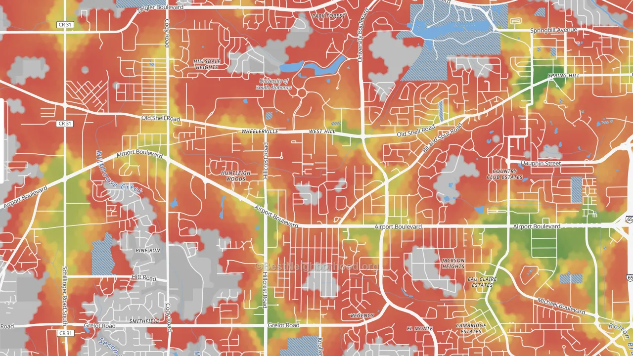Walk Grade map of Westhill, Mobile, AL, walkable areas in green and car-dependent areas in red