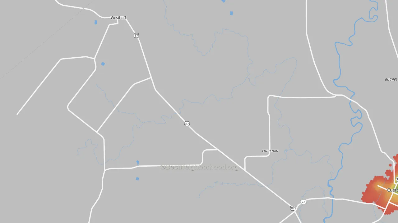 Walk Grade map of Westhoff, TX, walkable areas in green and car-dependent areas in red