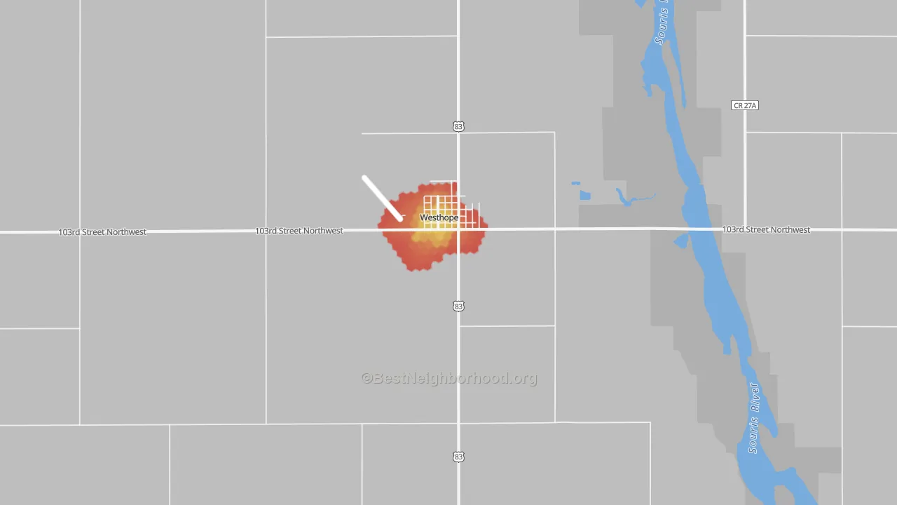 Walk Grade map of Westhope, ND, walkable areas in green and car-dependent areas in red