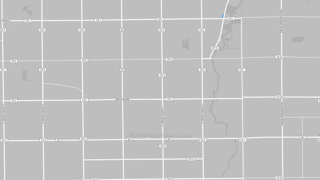 Walk Grade map of Westhope, OH, walkable areas in green and car-dependent areas in red