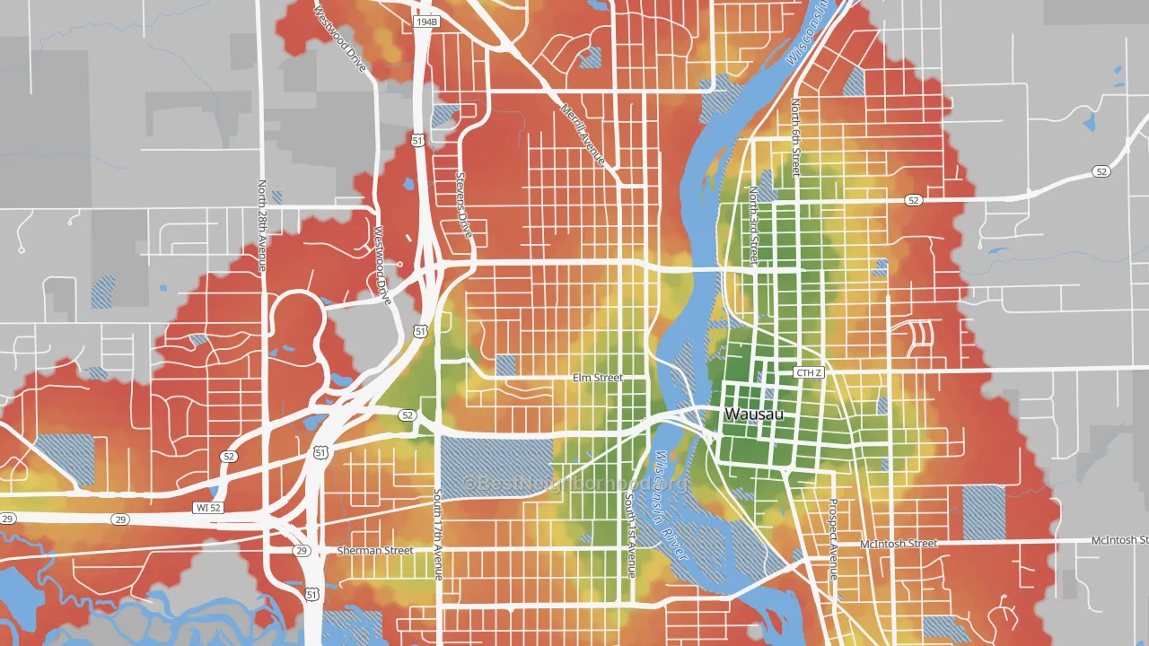 Walk Grade map of Westies, Wausau, WI, walkable areas in green and car-dependent areas in red
