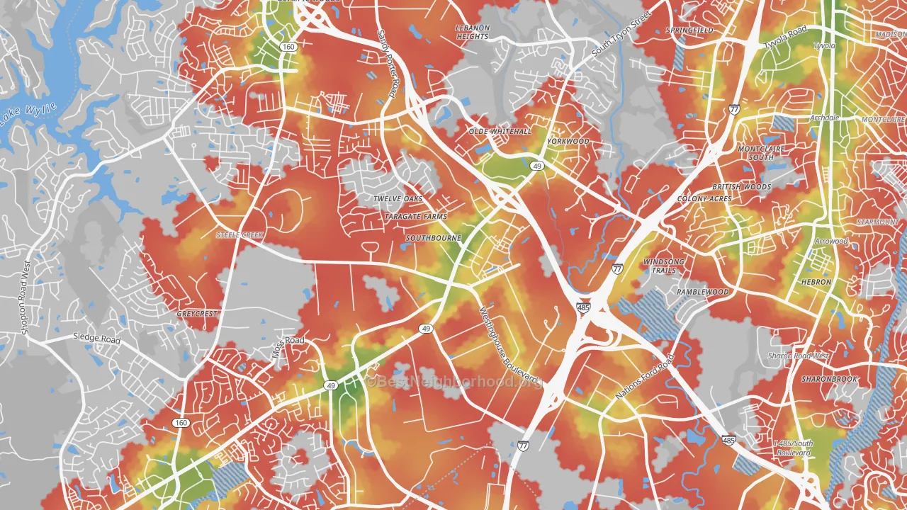 Walk Grade map of Westinghouse, Charlotte, NC, walkable areas in green and car-dependent areas in red