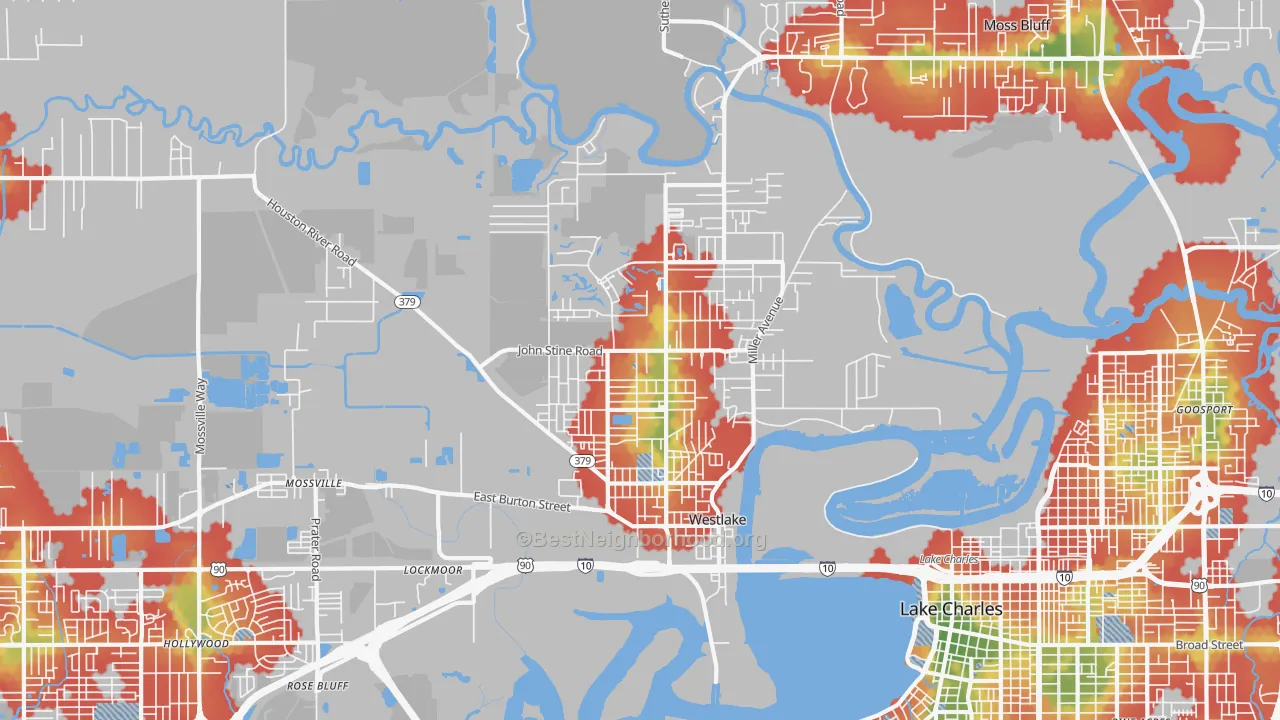 Walk Grade map of Westlake, LA, walkable areas in green and car-dependent areas in red