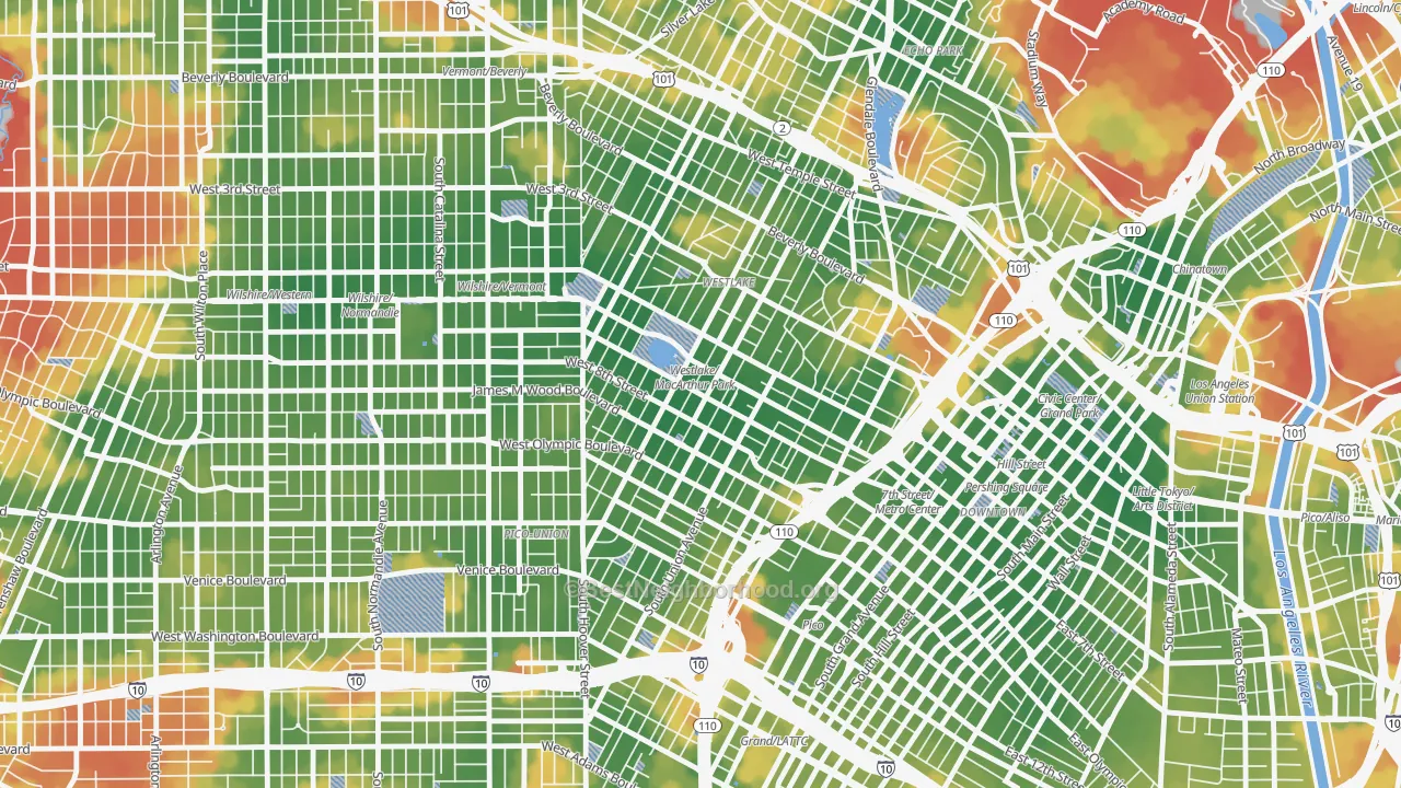 Walk Grade map of Westlake, Los Angeles, CA, walkable areas in green and car-dependent areas in red