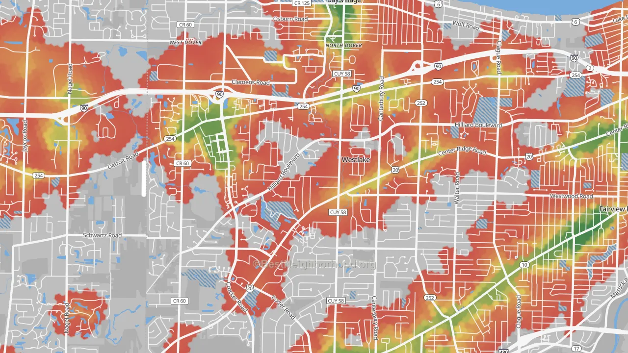 Walk Grade map of Westlake, OH, walkable areas in green and car-dependent areas in red