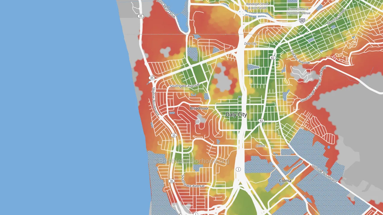 Walk Grade map of Westlake-San Francisco, Daly City, CA, walkable areas in green and car-dependent areas in red