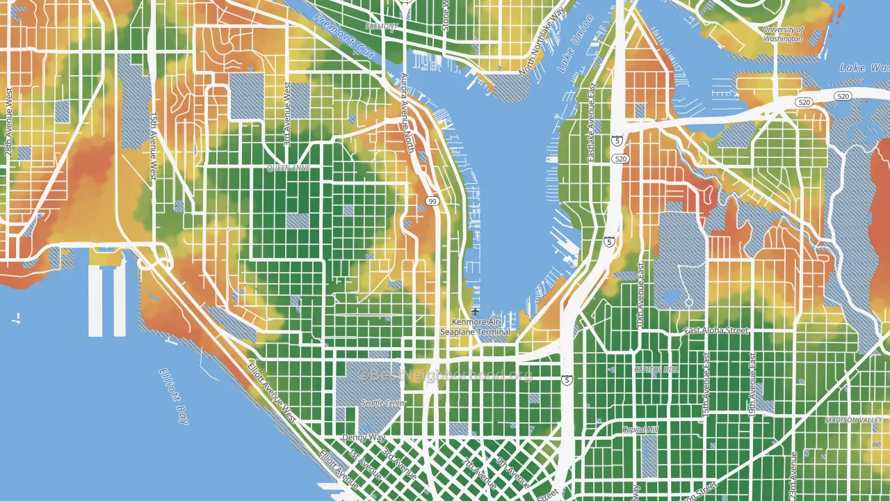 Walk Grade map of Westlake, Seattle, WA, walkable areas in green and car-dependent areas in red