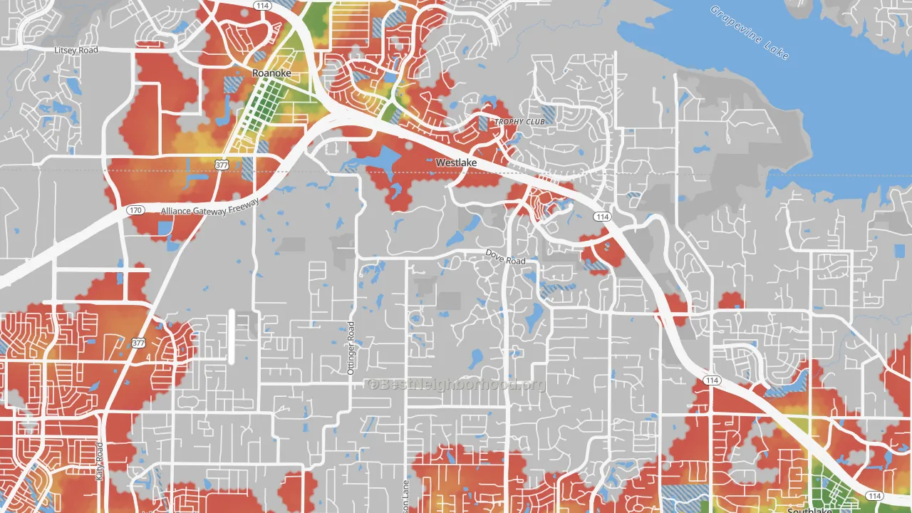 Walk Grade map of Westlake, TX, walkable areas in green and car-dependent areas in red