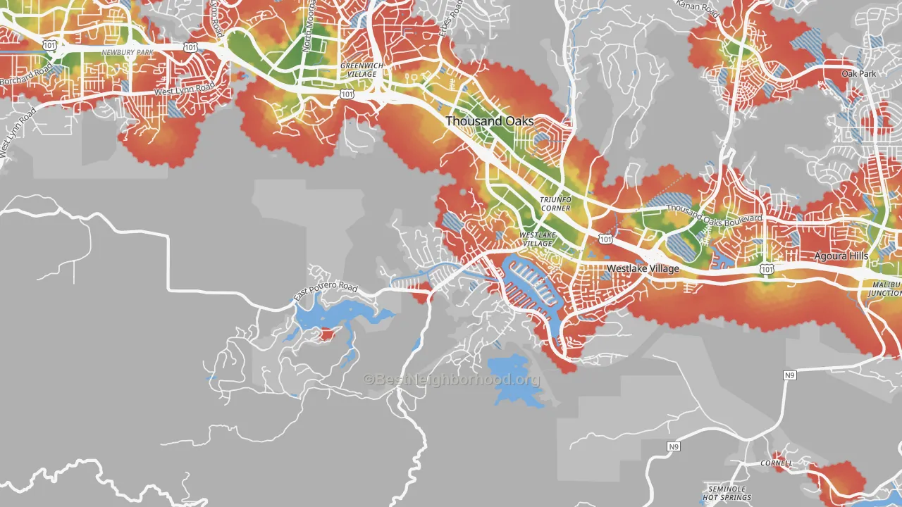 Walk Grade map of Westlake Village Area-Los Angeles, Westlake Village, CA, walkable areas in green and car-dependent areas in red