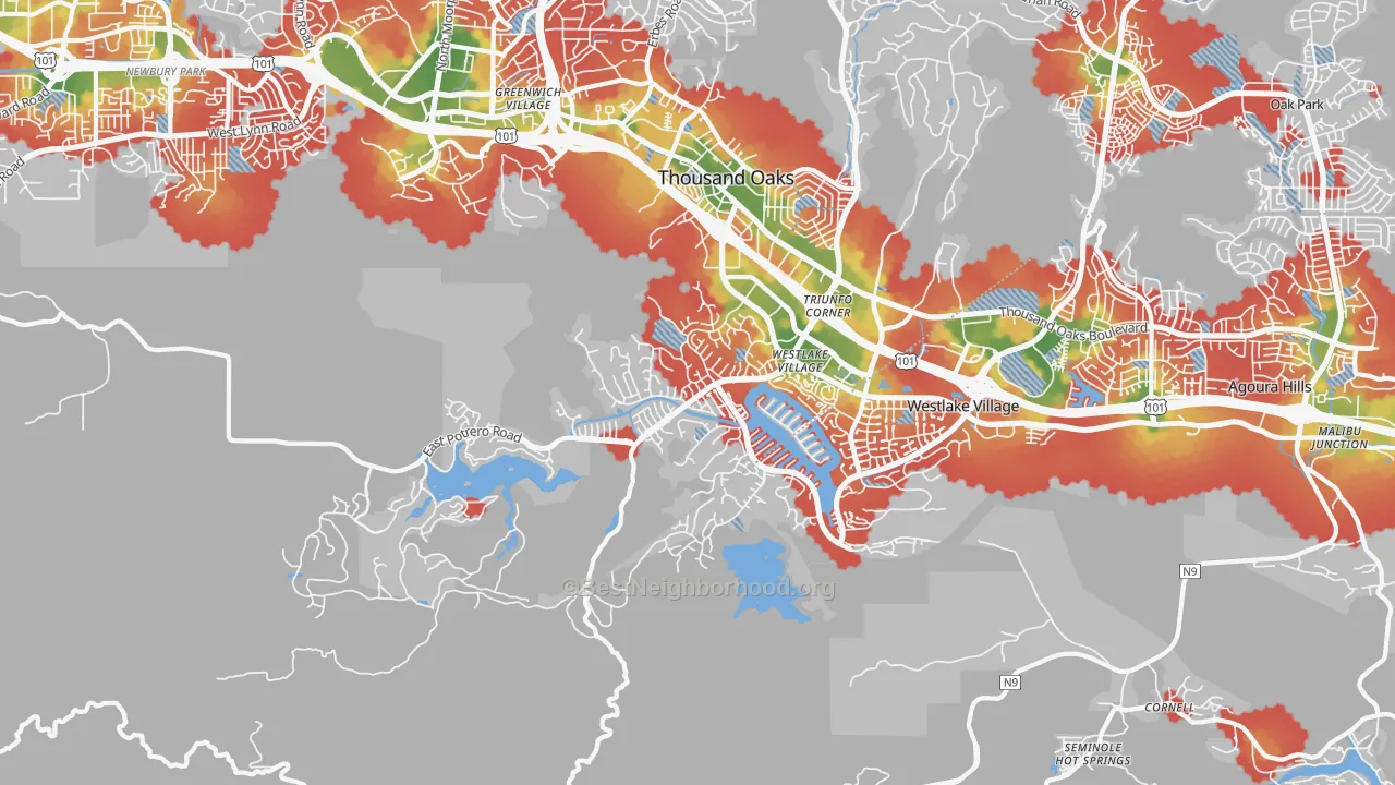 Walk Grade map of Westlake Village, CA, walkable areas in green and car-dependent areas in red