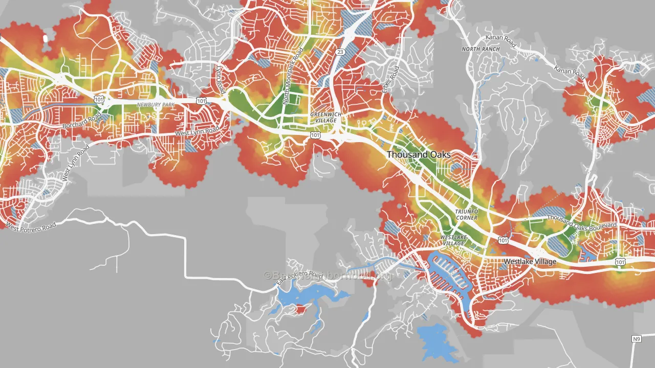 Walk Grade map of Westlake Village, Westlake Village, CA, walkable areas in green and car-dependent areas in red