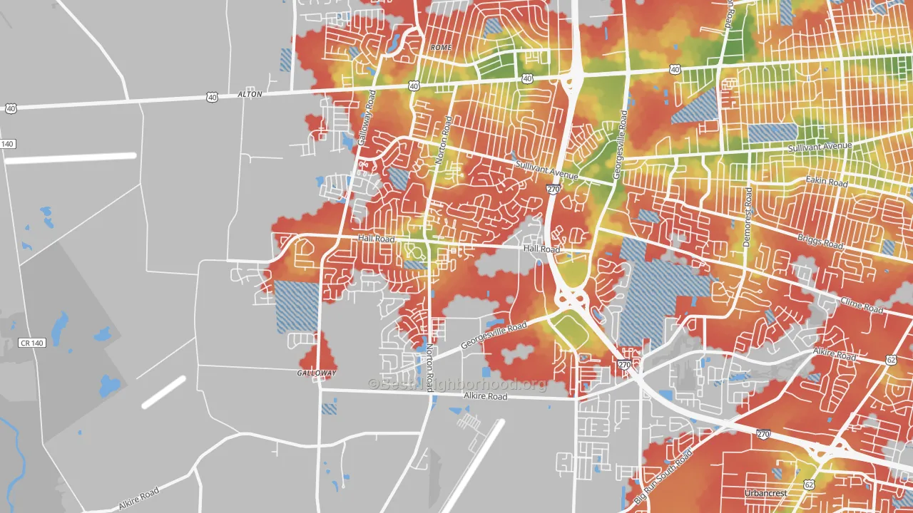 Walk Grade map of Westland, Galloway, OH, walkable areas in green and car-dependent areas in red