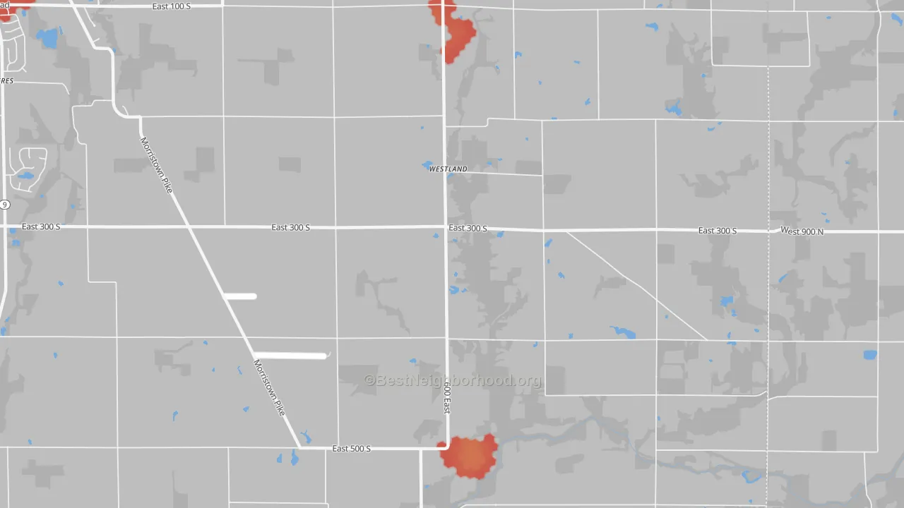 Walk Grade map of Westland, IN, walkable areas in green and car-dependent areas in red