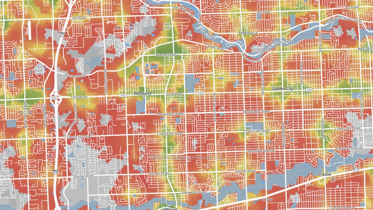 Walk Grade map of Westland, MI, walkable areas in green and car-dependent areas in red