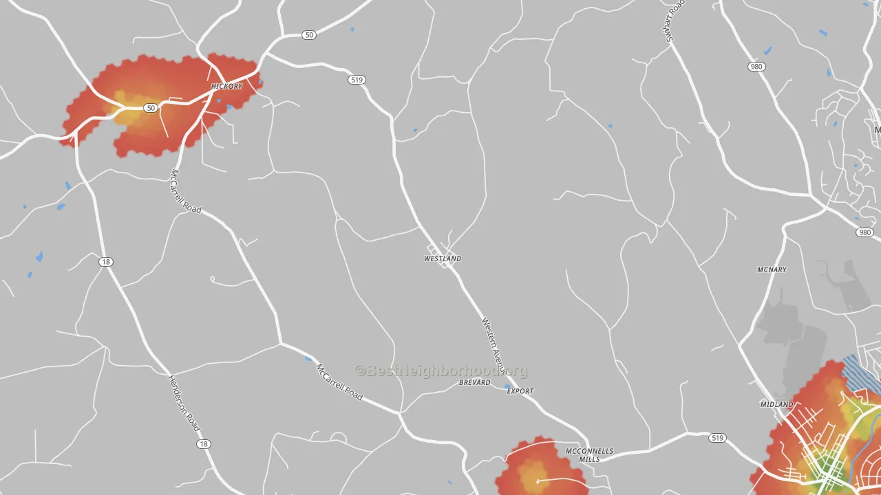 Walk Grade map of Westland, PA, walkable areas in green and car-dependent areas in red