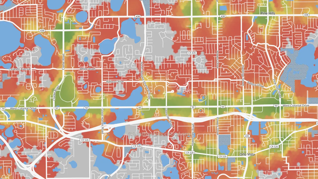 Walk Grade map of Westland Terrace, Pine Hills, FL, walkable areas in green and car-dependent areas in red