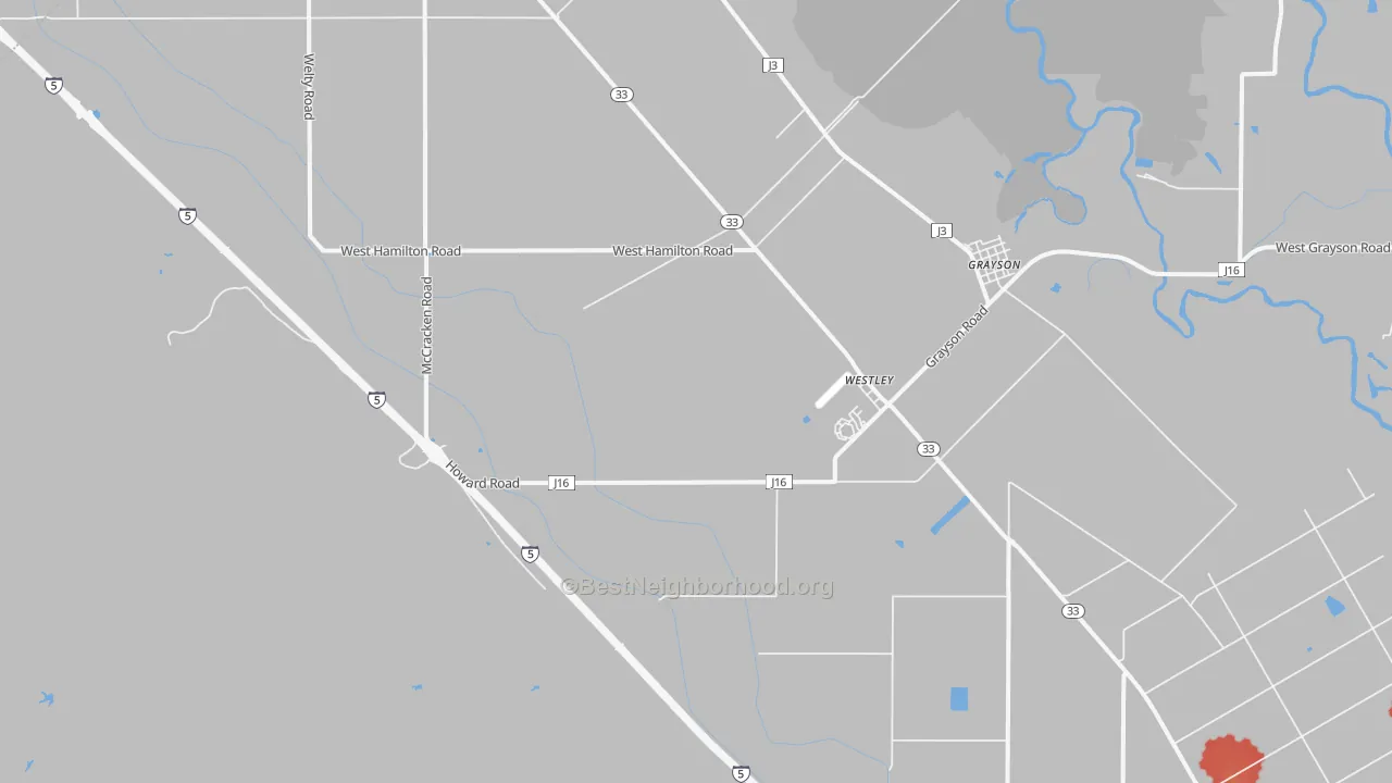 Walk Grade map of Westley, CA, walkable areas in green and car-dependent areas in red